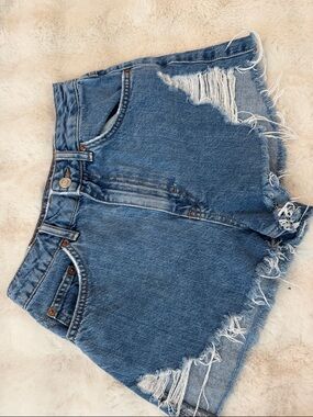 Topshop Medium Blue Distressed Denim Cutoff Shorts